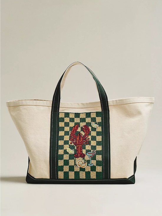 Anthropologie Handbags - NWT Celandine Hartley Large Canvas Tote Green Check Lobster Beaded Anthropologie
